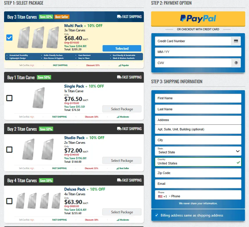 Titan Carve Checkout Page